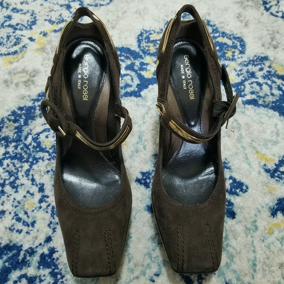 Sergio Rossi Brown Suede Platform Pump Gold Chain - Picture 3 of 10